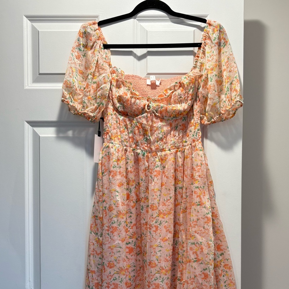 Peasant Floral Puff-Sleeve Midi Dress - Peach Floral